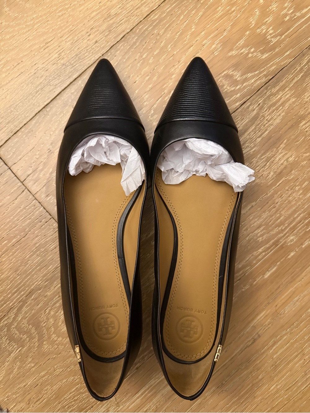 New Tory Burch Black Pointed Toe Leather Slingback Flats size 9.5